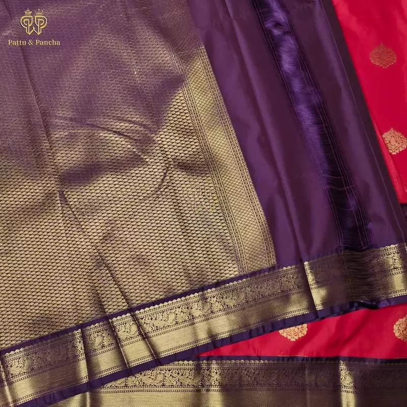 Semi Silk Red and Purple Saree with Gold Zari Floral Buttas and Zari Border