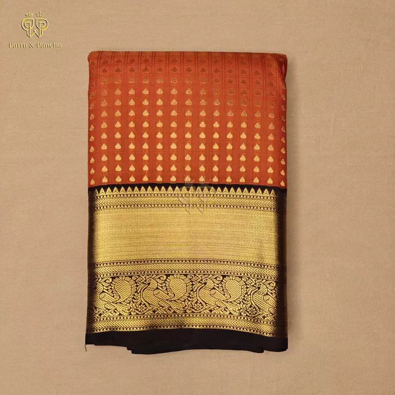Semi Silk Rust Orange and Dark Coffee Brown Saree with Gold Zari Border