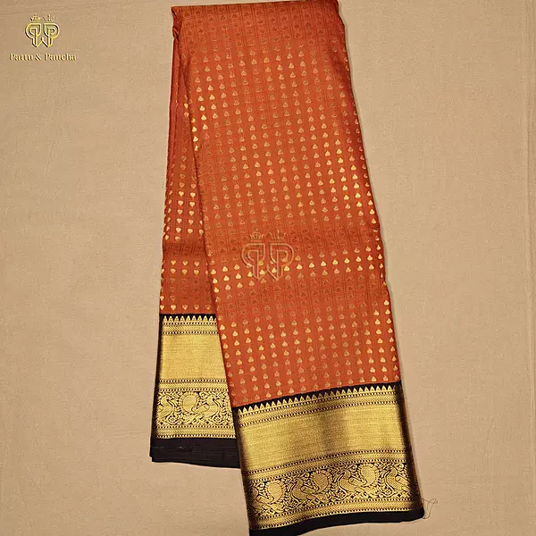 Semi Silk Rust Orange and Dark Coffee Brown Saree with Gold Zari Border
