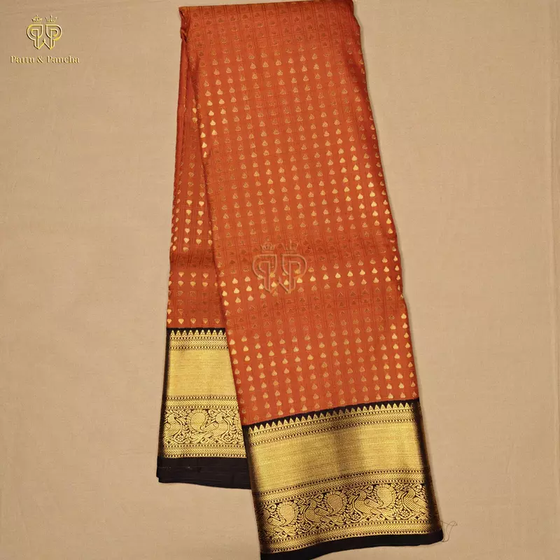 Semi Silk Rust Orange and Dark Coffee Brown Saree with Gold Zari Border