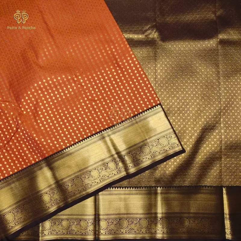 Semi Silk Rust Orange and Dark Coffee Brown Saree with Gold Zari Border