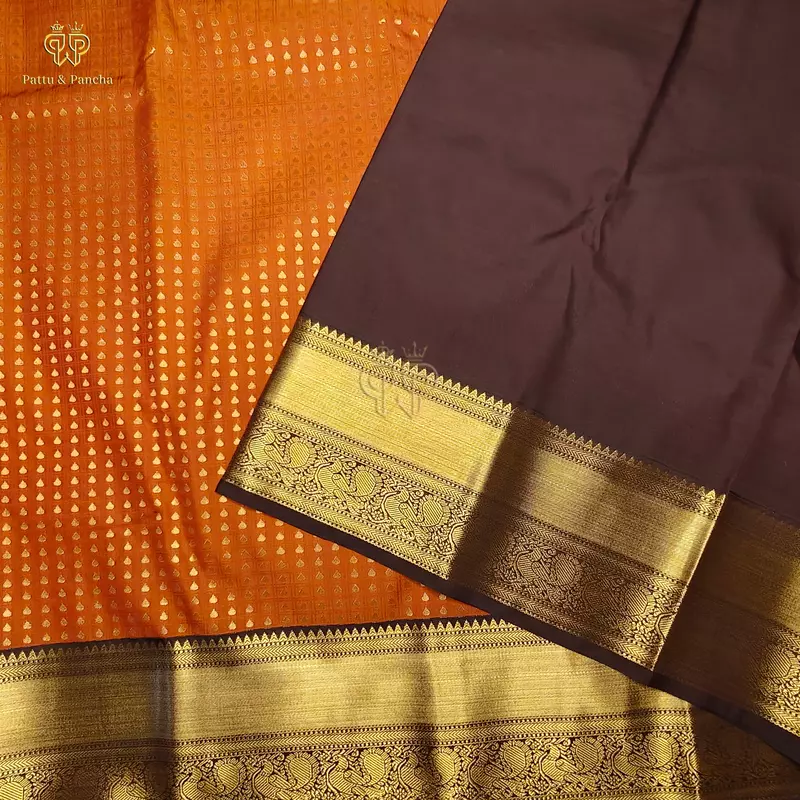 Semi Silk Rust Orange and Dark Coffee Brown Saree with Gold Zari Border