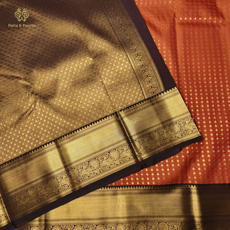 Semi Silk Rust Orange and Dark Coffee Brown Saree with Gold Zari Border
