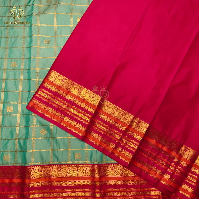 Semi Silk Aqua Blue Checks and Rani Pink Saree with Gold Zari Motifs and Varisaipet Zari Border