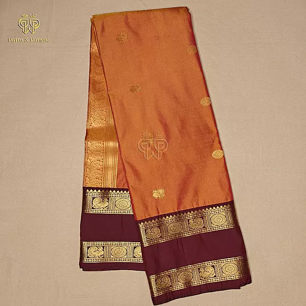 Semi Silk Burnt Orange Saree with Coffee Brown Rettapet Zari Border