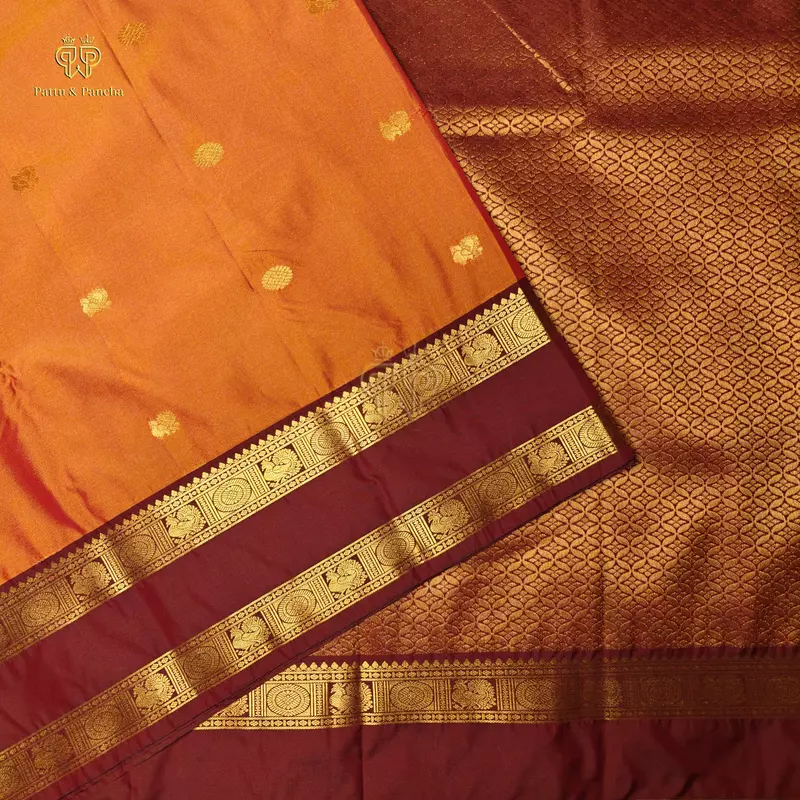 Semi Silk Burnt Orange Saree with Coffee Brown Rettapet Zari Border