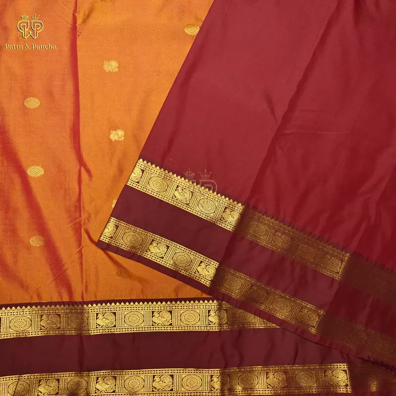 Semi Silk Burnt Orange Saree with Coffee Brown Rettapet Zari Border