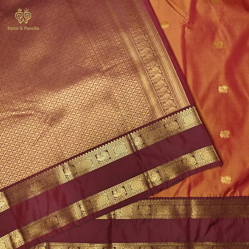 Semi Silk Burnt Orange Saree with Coffee Brown Rettapet Zari Border