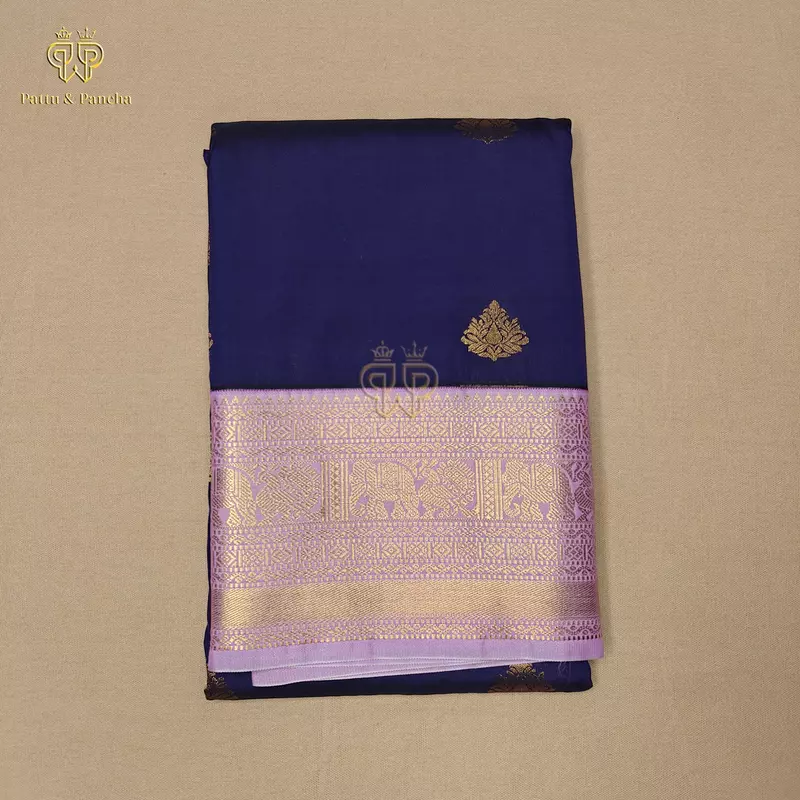 Semi Silk Violet and Lavender Saree with Gold Zari Floral Buttas and Zari Border