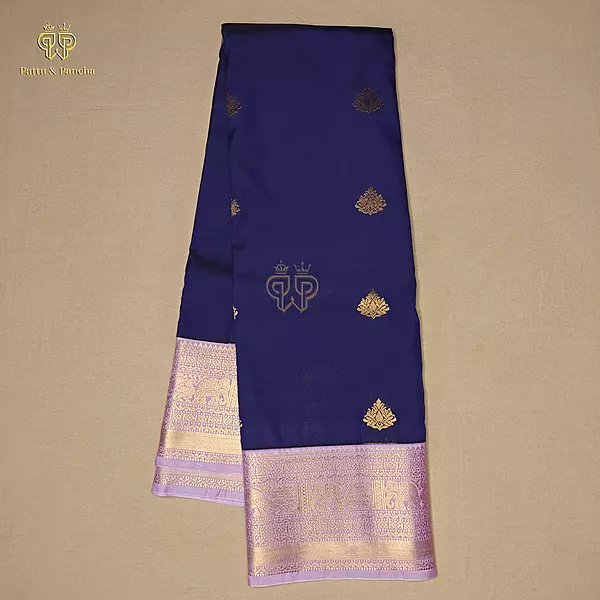 Semi Silk Violet and Lavender Saree with Gold Zari Floral Buttas and Zari Border
