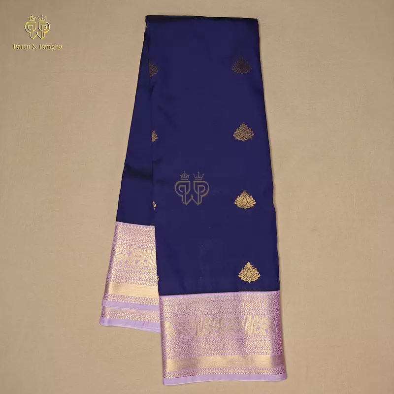 Semi Silk Violet and Lavender Saree with Gold Zari Floral Buttas and Zari Border