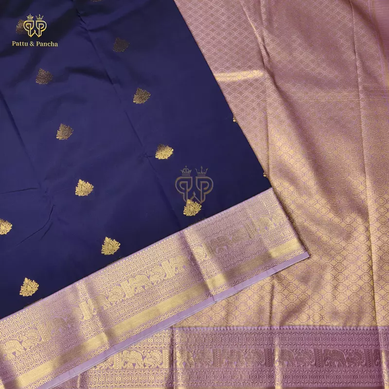 Semi Silk Violet and Lavender Saree with Gold Zari Floral Buttas and Zari Border