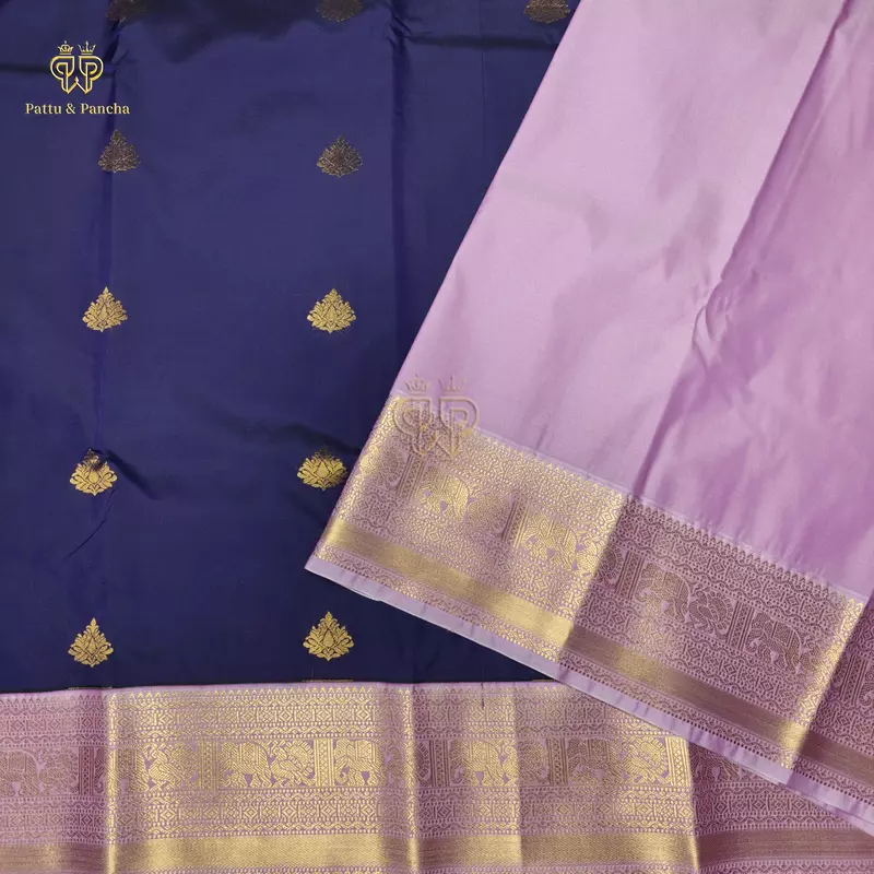 Semi Silk Violet and Lavender Saree with Gold Zari Floral Buttas and Zari Border