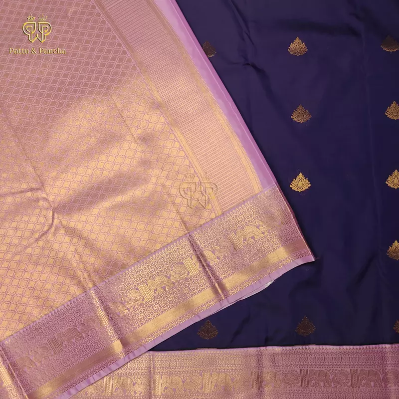 Semi Silk Violet and Lavender Saree with Gold Zari Floral Buttas and Zari Border