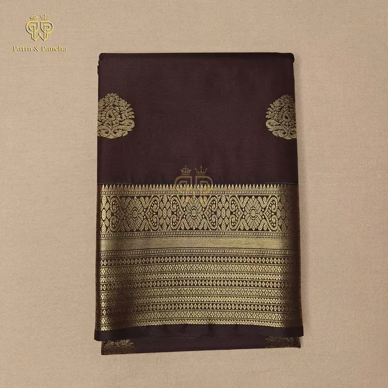 Semi Silk Dark Greyish Brown Saree with Gold Zari Floral Buttas and Zari Border