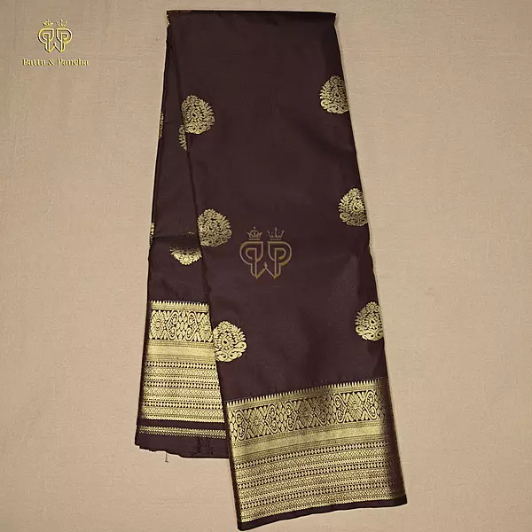 Semi Silk Dark Greyish Brown Saree with Gold Zari Floral Buttas and Zari Border