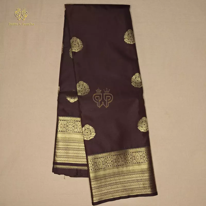 Semi Silk Dark Greyish Brown Saree with Gold Zari Floral Buttas and Zari Border