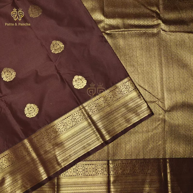 Semi Silk Dark Greyish Brown Saree with Gold Zari Floral Buttas and Zari Border