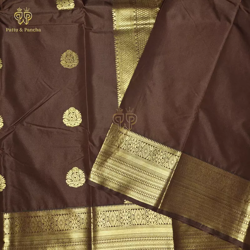 Semi Silk Dark Greyish Brown Saree with Gold Zari Floral Buttas and Zari Border