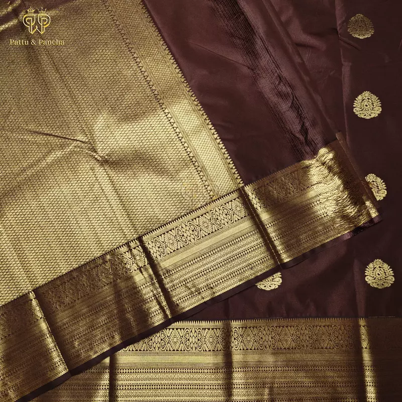 Semi Silk Dark Greyish Brown Saree with Gold Zari Floral Buttas and Zari Border