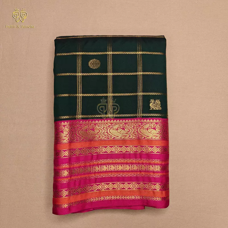 Semi Silk Bottle Green Checks and Rani Pink Saree with Gold Zari Motifs and Rich Zari Border