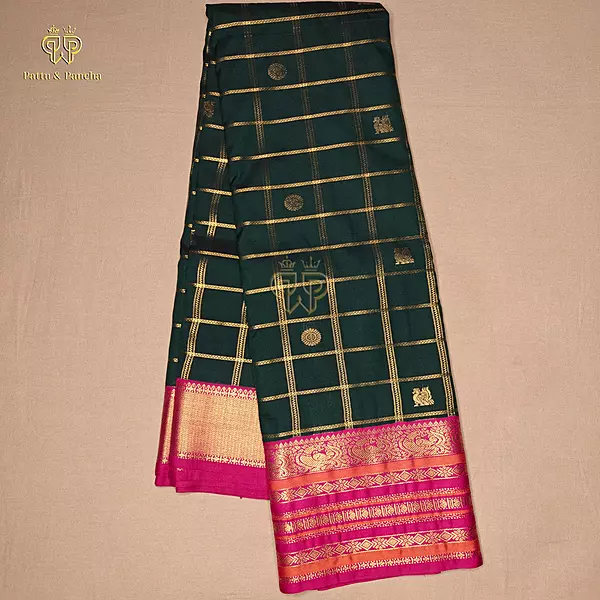 Semi Silk Bottle Green Checks and Rani Pink Saree with Gold Zari Motifs and Rich Zari Border