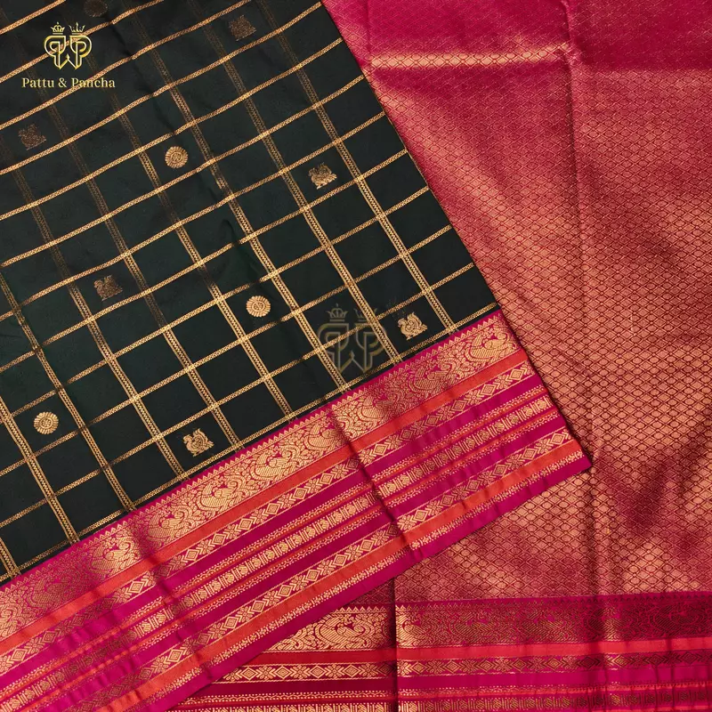 Semi Silk Bottle Green Checks and Rani Pink Saree with Gold Zari Motifs and Rich Zari Border