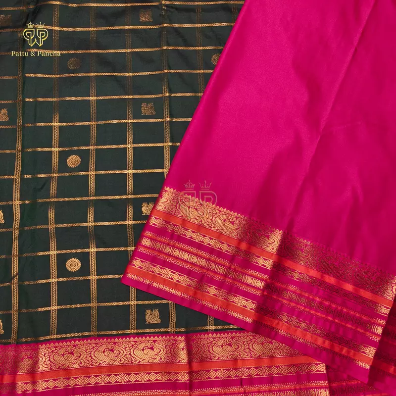 Semi Silk Bottle Green Checks and Rani Pink Saree with Gold Zari Motifs and Rich Zari Border