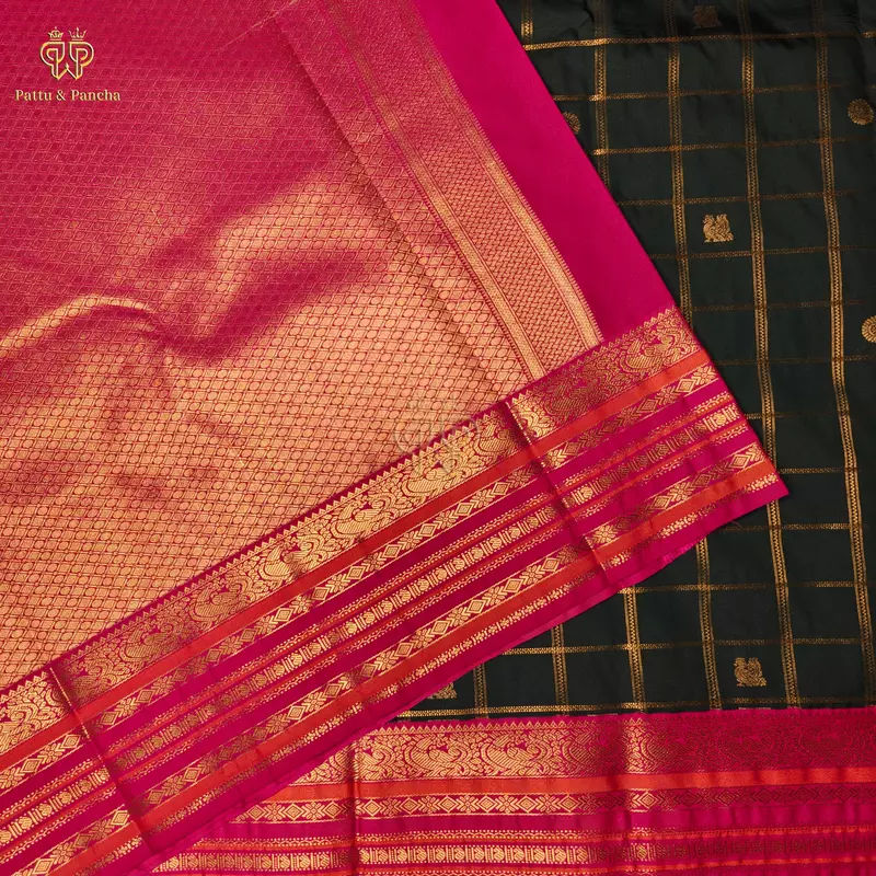 Semi Silk Bottle Green Checks and Rani Pink Saree with Gold Zari Motifs and Rich Zari Border
