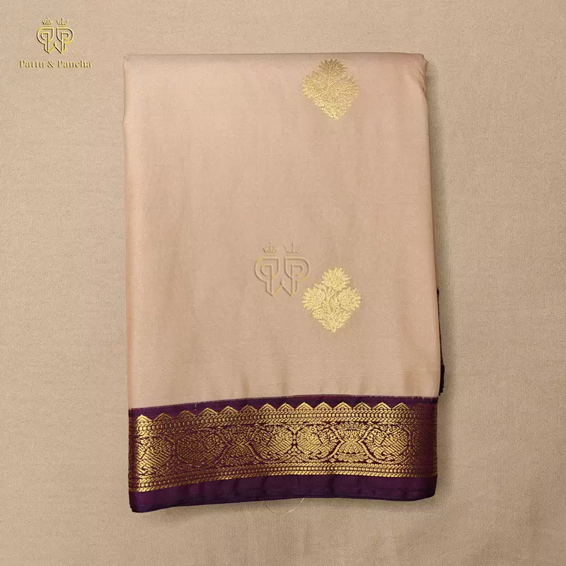 Semi Silk Cream Pink and Dark Purple Saree with Gold Zari Floral Buttas and Zari Border