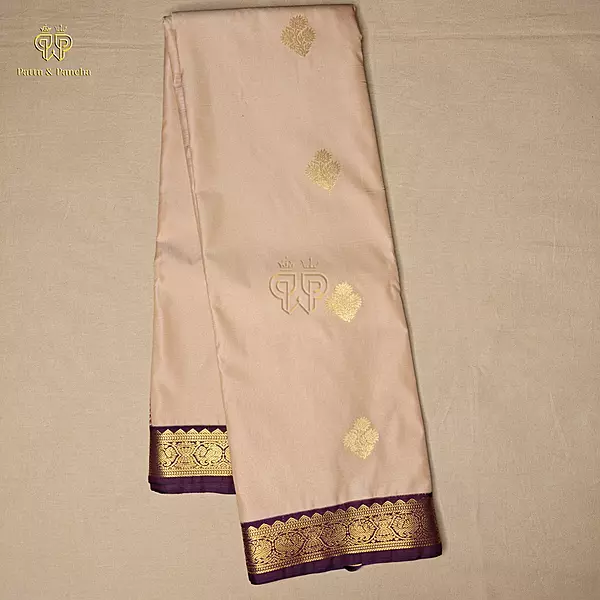 Semi Silk Cream Pink and Dark Purple Saree with Gold Zari Floral Buttas and Zari Border