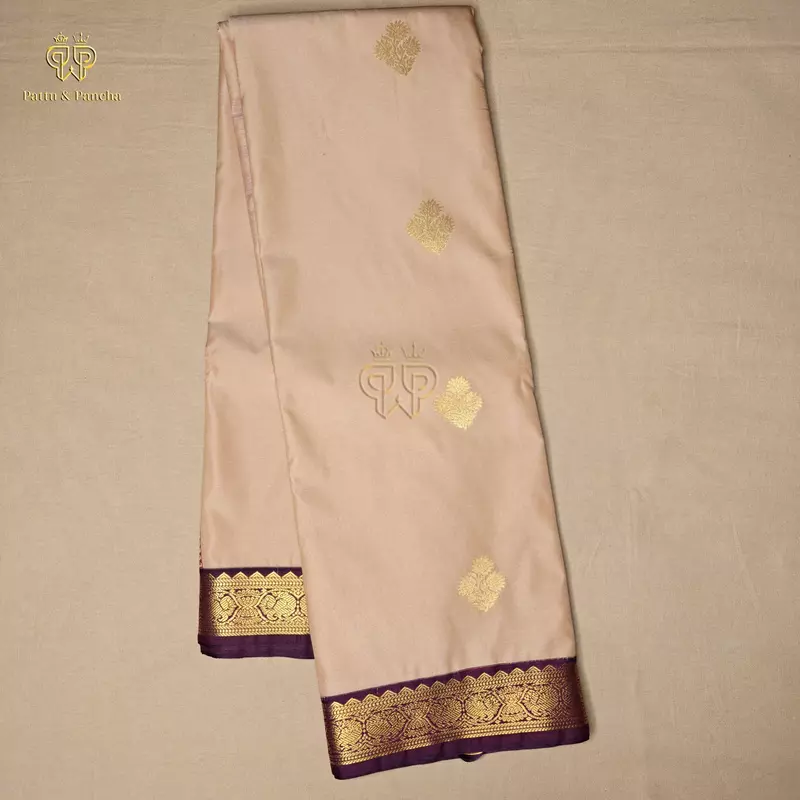 Semi Silk Cream Pink and Dark Purple Saree with Gold Zari Floral Buttas and Zari Border