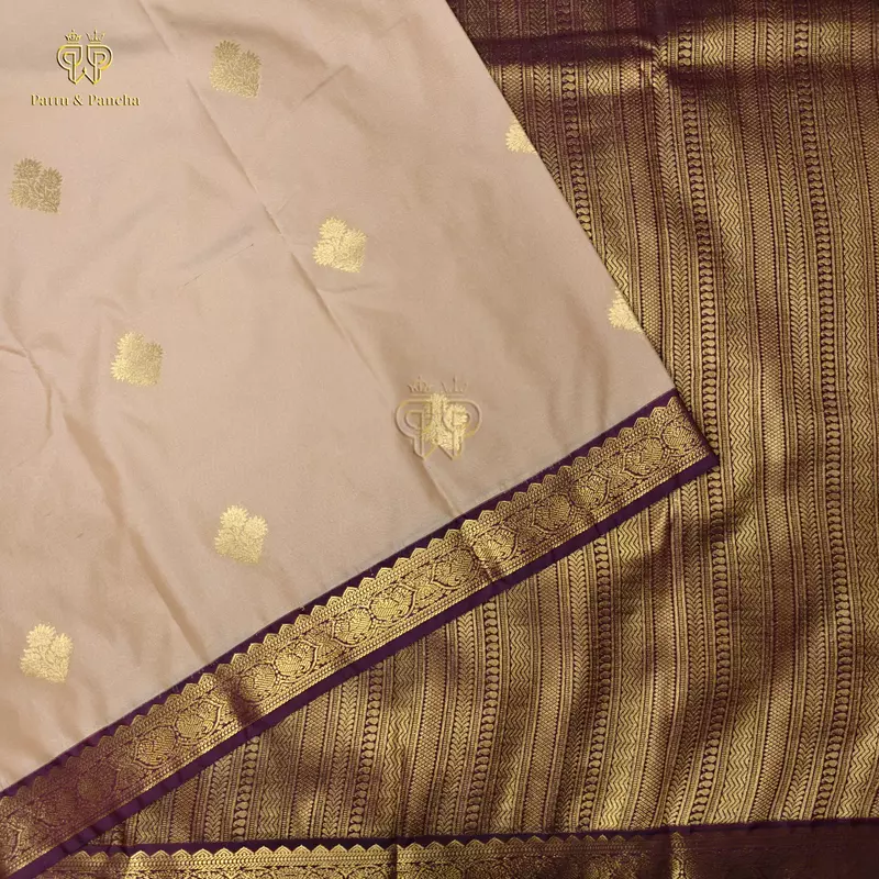 Semi Silk Cream Pink and Dark Purple Saree with Gold Zari Floral Buttas and Zari Border
