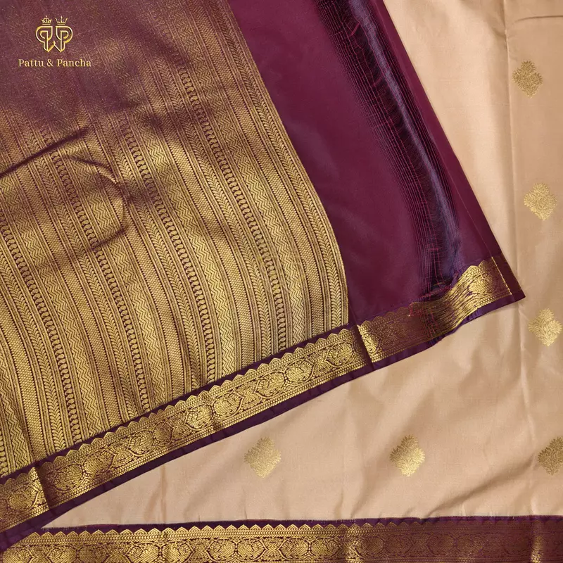 Semi Silk Cream Pink and Dark Purple Saree with Gold Zari Floral Buttas and Zari Border