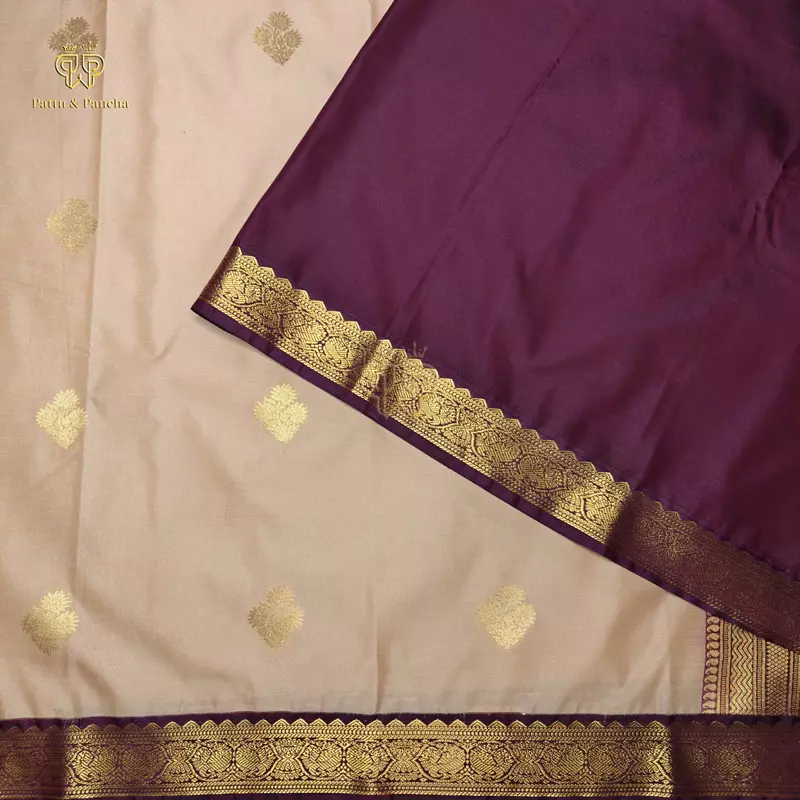 Semi Silk Cream Pink and Dark Purple Saree with Gold Zari Floral Buttas and Zari Border