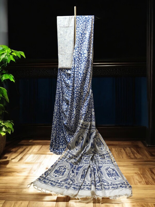 Indigo Kalamkari Cotton Silk Saree with Unstitched Blouse for Women