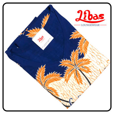 Ink blue rayon kaftan nighty with large geometric prints from libas loungewear-KF051