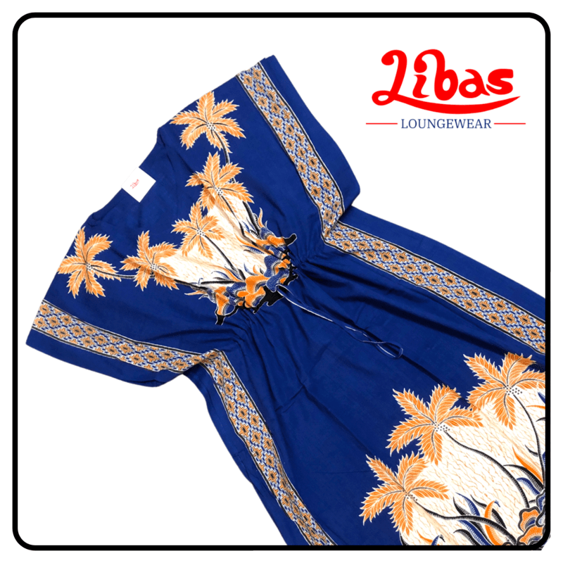 Ink blue rayon kaftan nighty with large geometric prints from libas loungewear-KF051