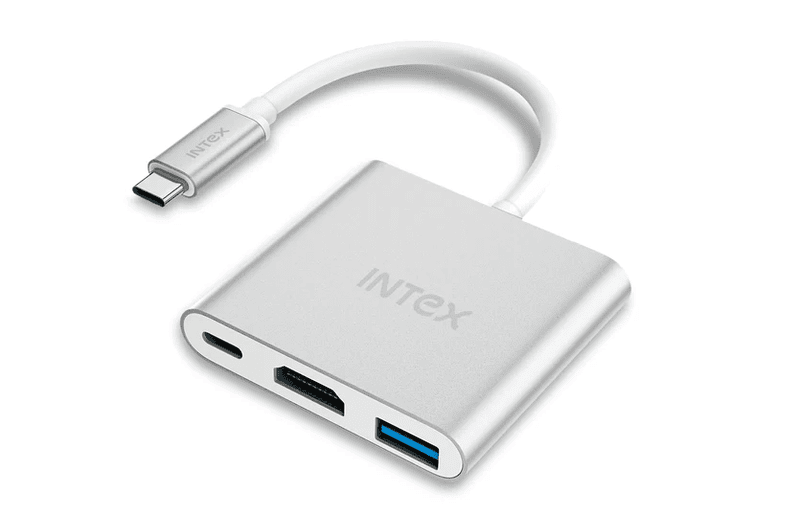 Intex Xtreme-100 3-in-1 USB Hub | 4K/30Hz HDMI Output, USB 3.0 Port, 87W PD Charging, Metallic Finish, Plug & Play, High-Speed Data Transfer