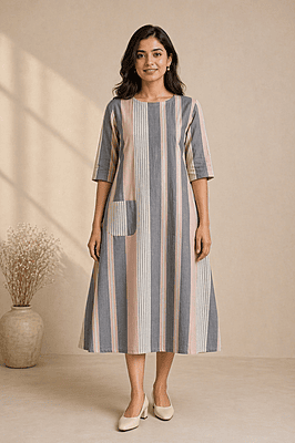 Women’s A-Line Striped Cotton Dress – Grey & Blush Pink Round Neck Midi Dress
