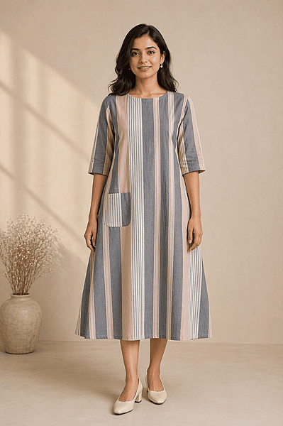 Women’s A-Line Striped Cotton Dress – Grey & Blush Pink Round Neck Midi Dress