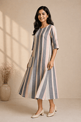 Women’s A-Line Striped Cotton Dress – Grey & Blush Pink Round Neck Midi Dress