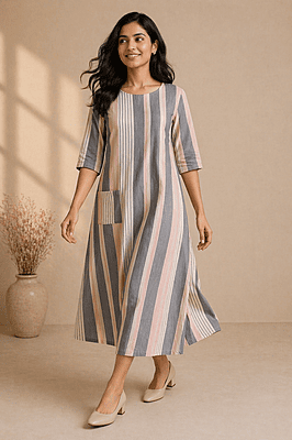 Women’s A-Line Striped Cotton Dress – Grey & Blush Pink Round Neck Midi Dress