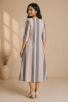 Women’s A-Line Striped Cotton Dress – Grey & Blush Pink Round Neck Midi Dress