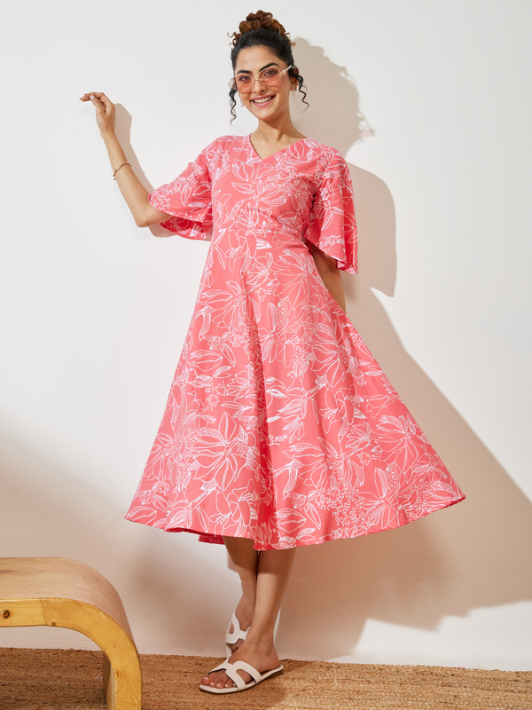 Women's Peach Cotton Floral Printed A-line Dress