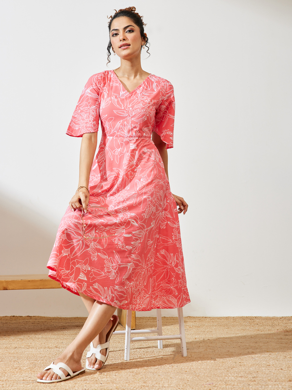 Women's Peach Cotton Floral Printed A-line Dress