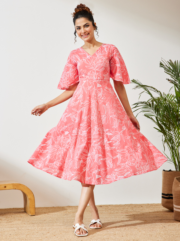 Women's Peach Cotton Floral Printed A-line Dress