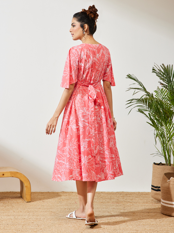 Women's Peach Cotton Floral Printed A-line Dress