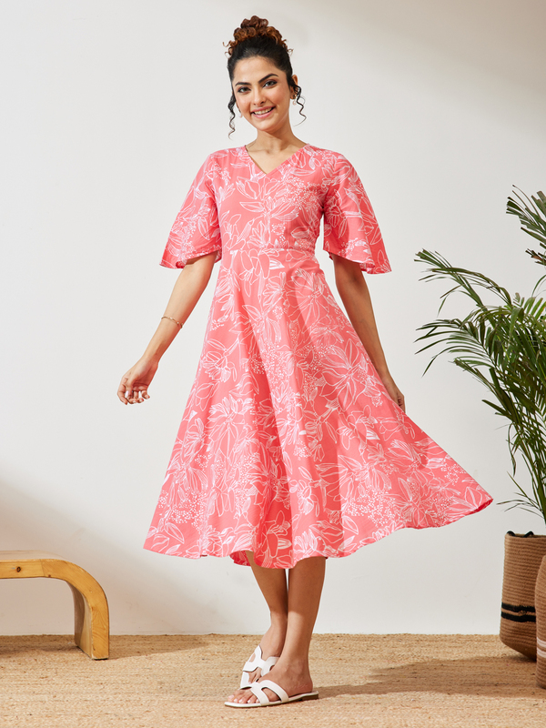 Women's Peach Cotton Floral Printed A-line Dress