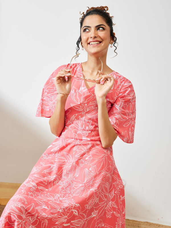 Women's Peach Cotton Floral Printed A-line Dress